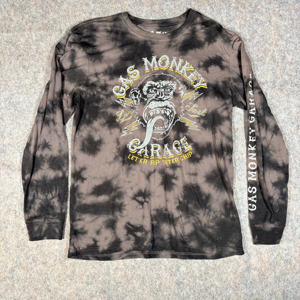 Gas Monkey Garage Shirt Mens L Black Tie Dye Biker Hot Rod Long Sleeve Graphic